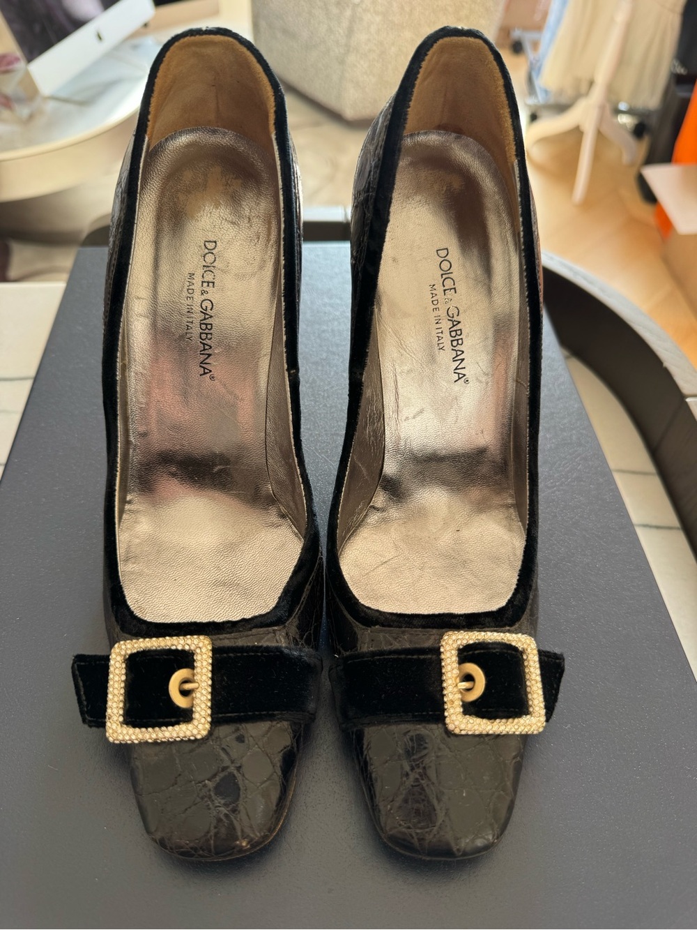 Dolce & Gabbana Black Velvet and Croc-Embossed Pumps with Gold Buckles